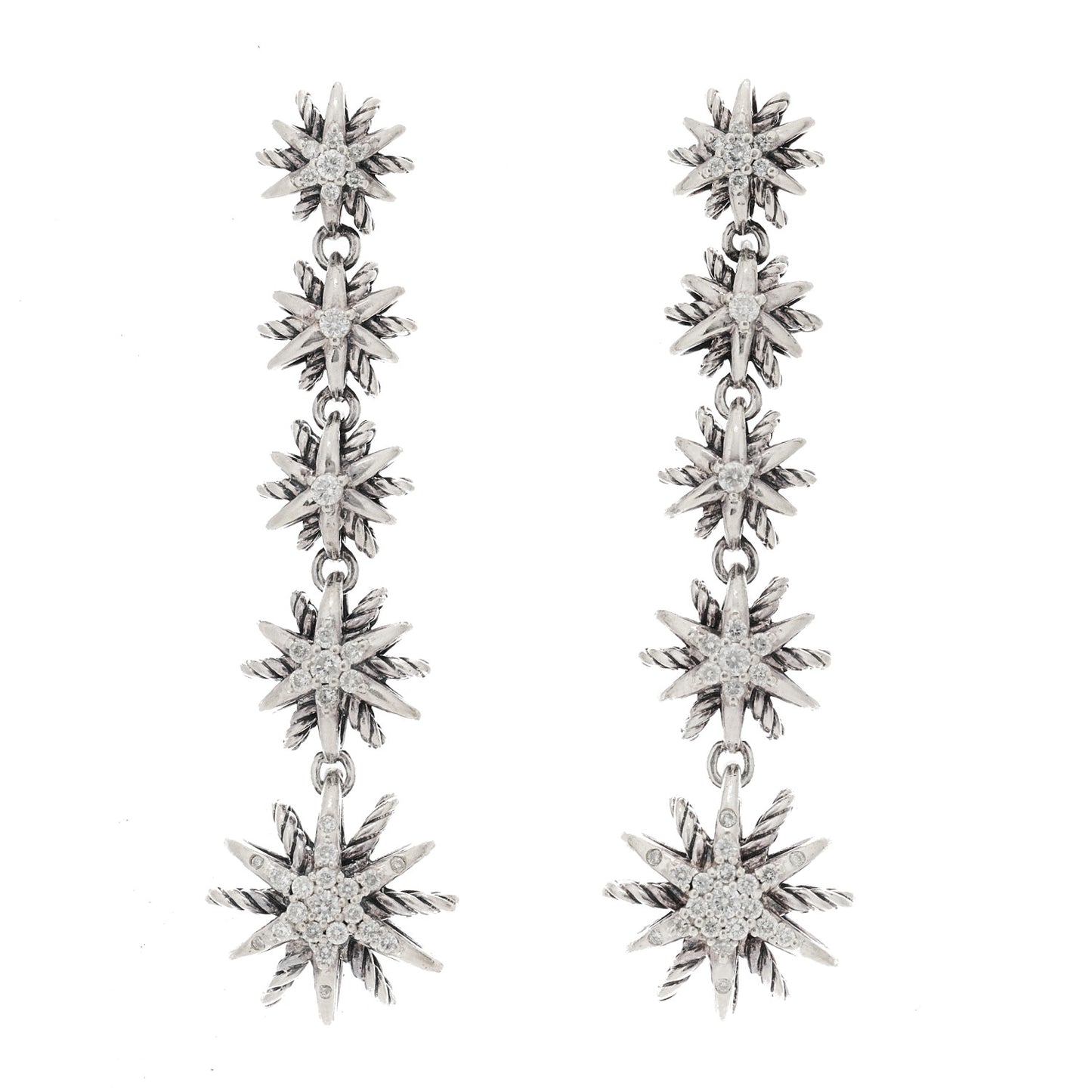 Sterling Silver Pave Diamond Starburst Drop Earrings