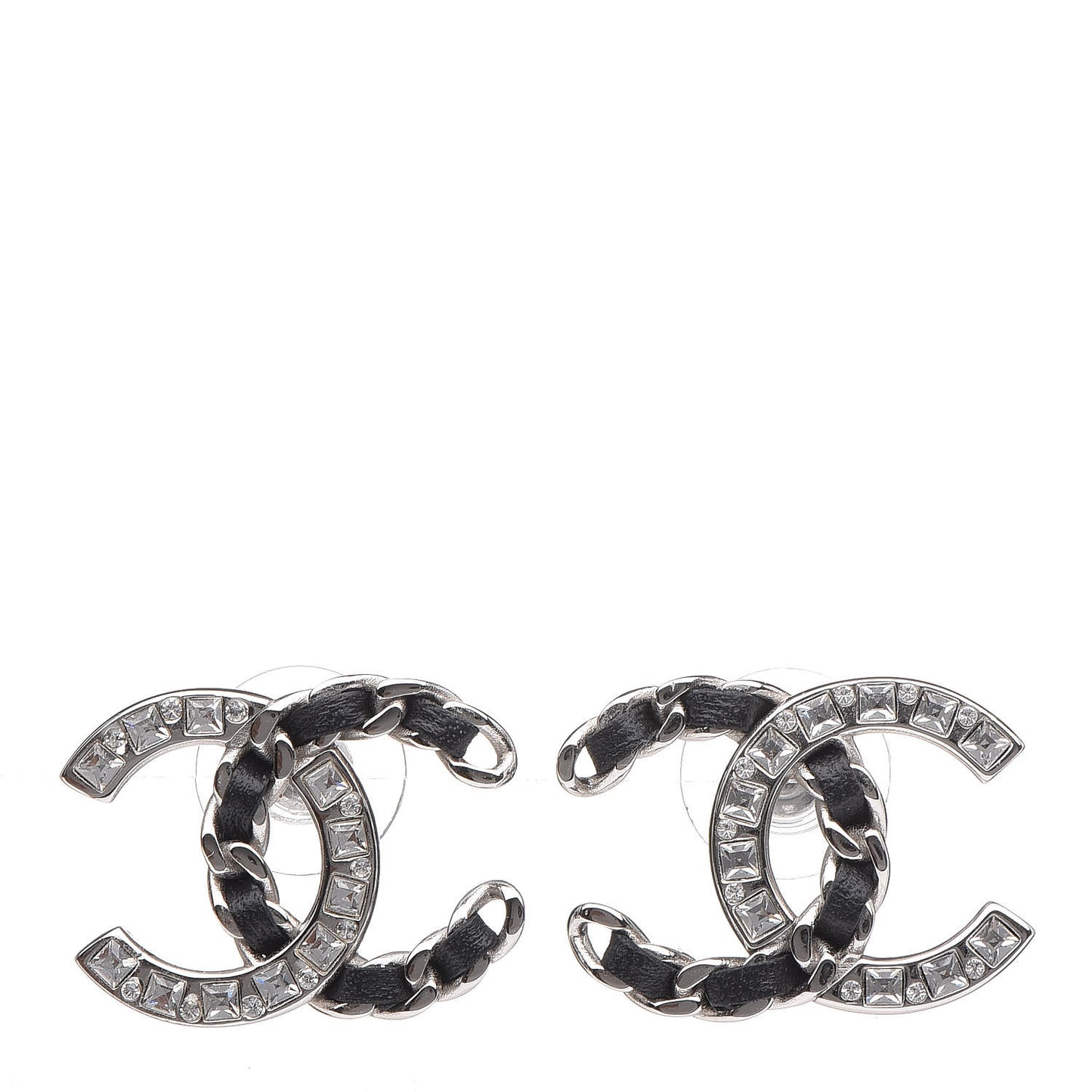 Crystal Baguette Lambskin Large CC Earrings Silver Black
