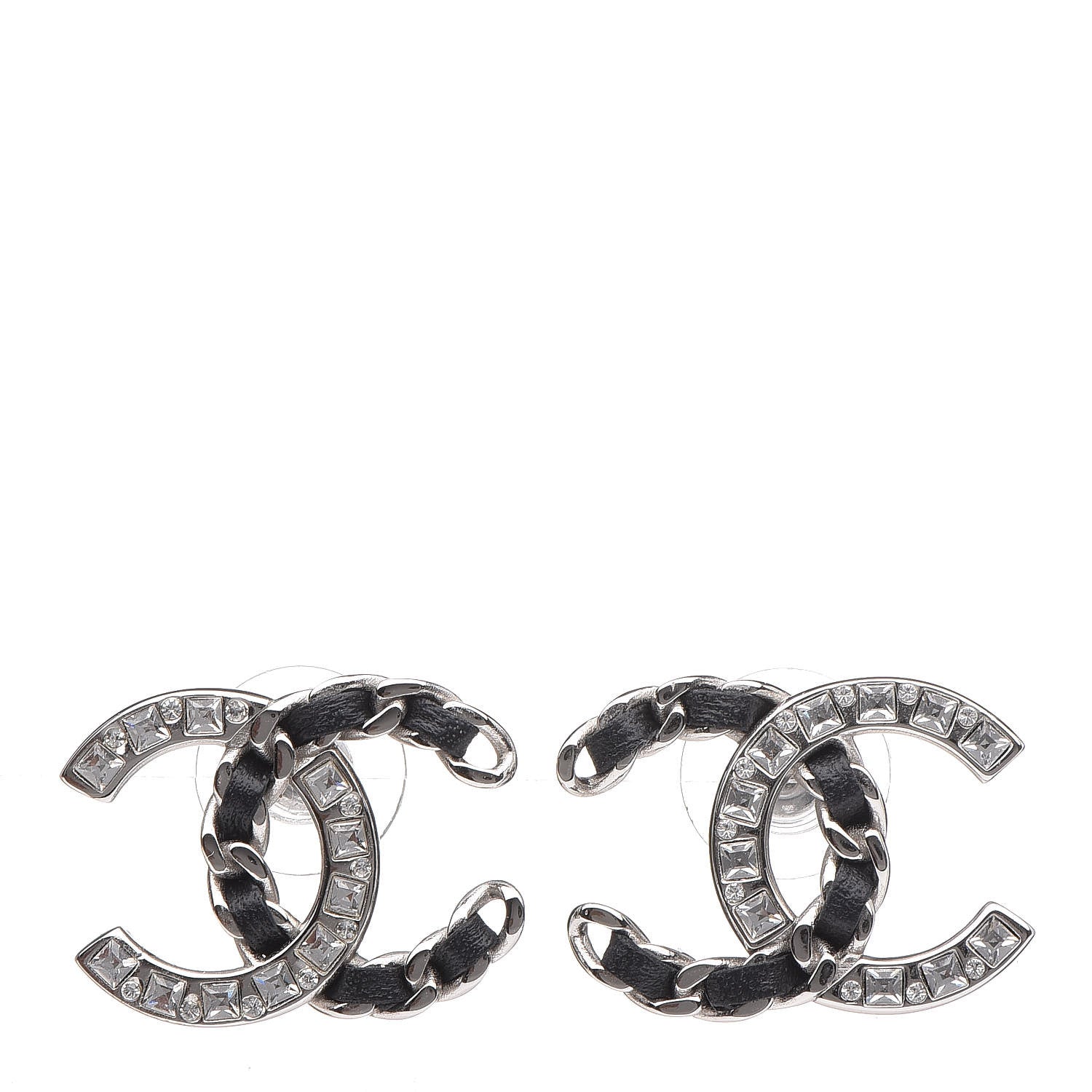 Chanel Crystal Baguette Lambskin Large CC Earrings Silver Black 1 of 5