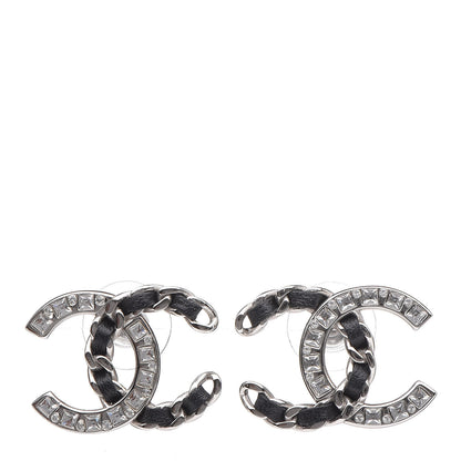 Chanel Crystal Baguette Lambskin Large CC Earrings Silver Black 1 of 5