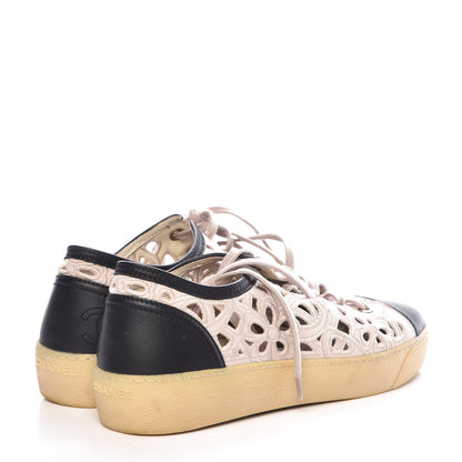Chanel Grained Goatskin Hollow Out Flower Sneakers 37 Beige Black 4 of 8