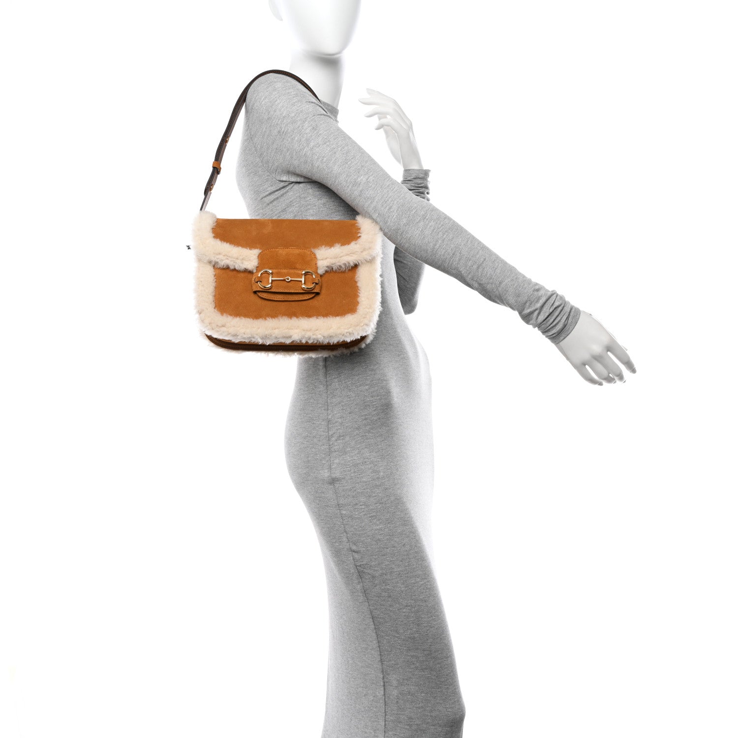Gucci Suede Shearling Horsebit 1955 Shoulder Bag Brown 2 of 10