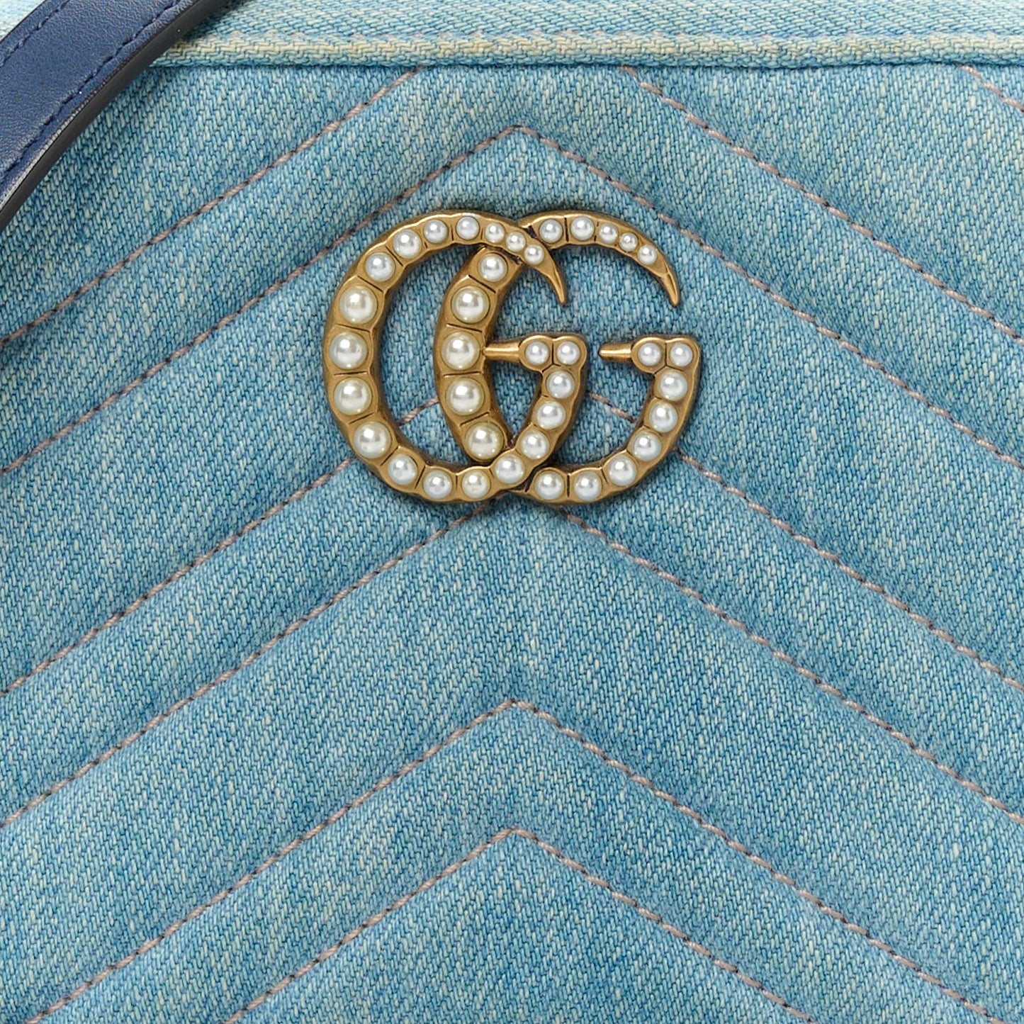 Denim Matelasse Mini Pearly GG Marmont Chain Shoulder Bag Blue
