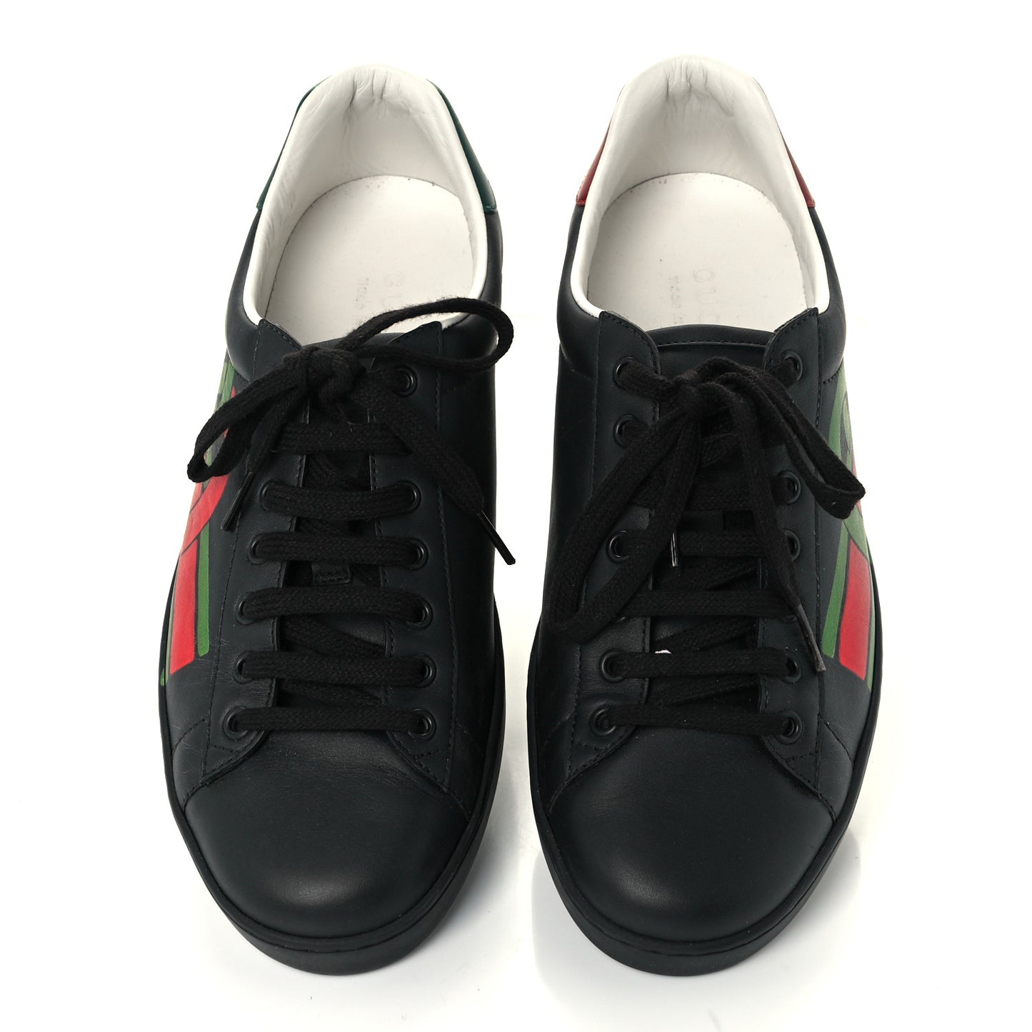 Calfskin Interlocking G Mens New Ace Sneakers 8 Black Red Flame Green