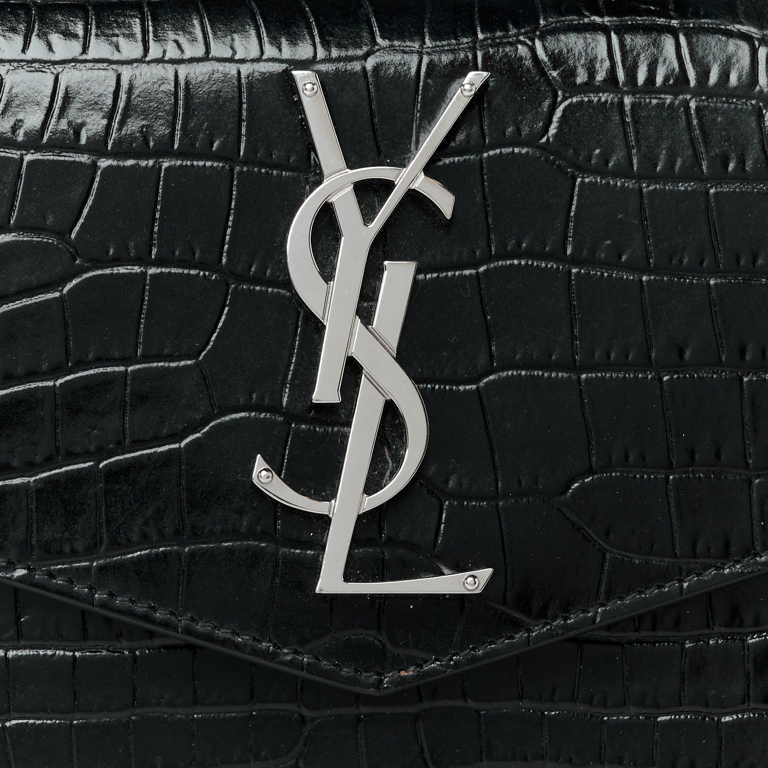 Saint Laurent Calfskin Crocodile Embossed Uptown Monogram Pouch Black 8 of 8