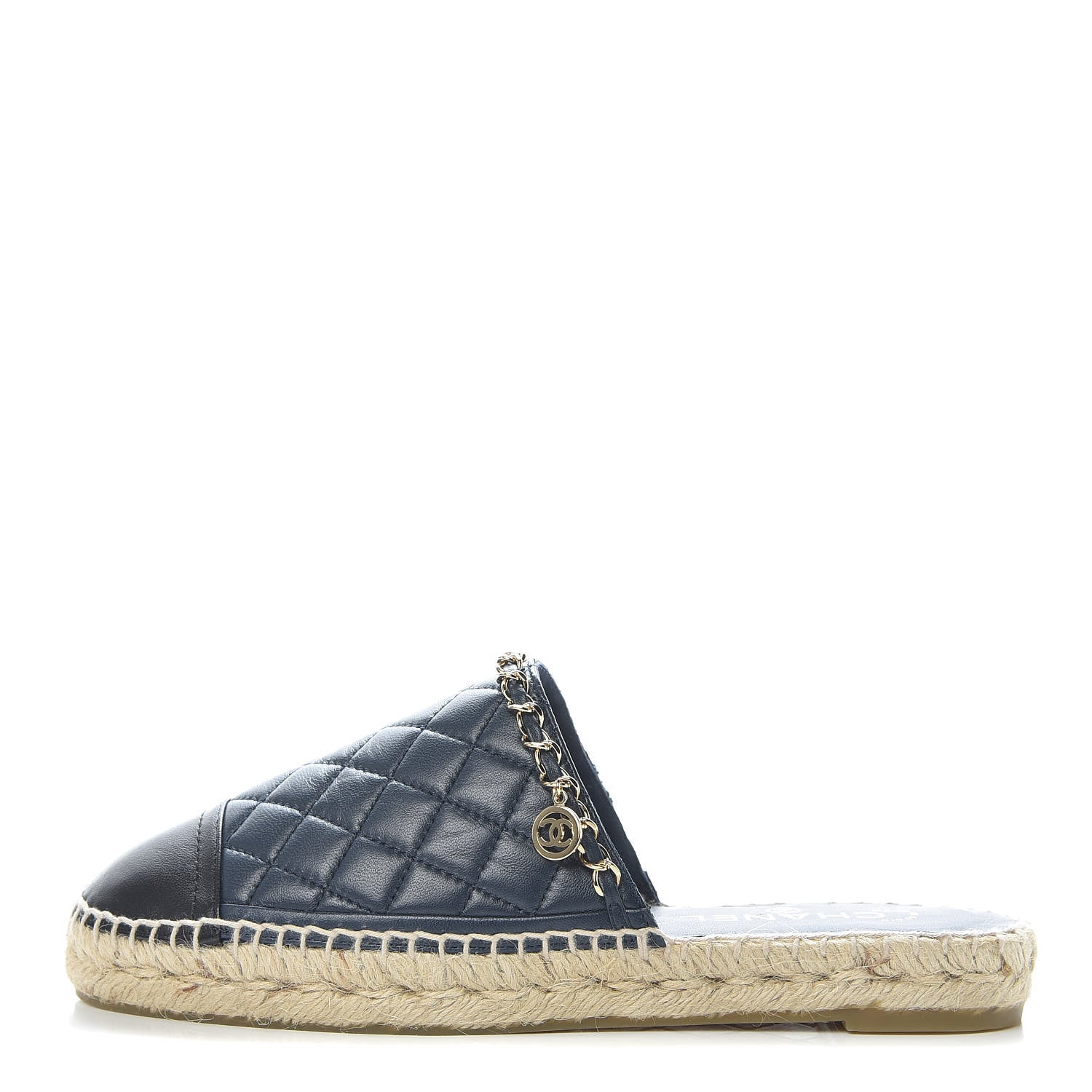 Chanel Lambskin Grosgrain Quilted CC Chain Espadrille Mules 39 Black Navy 1 of 11