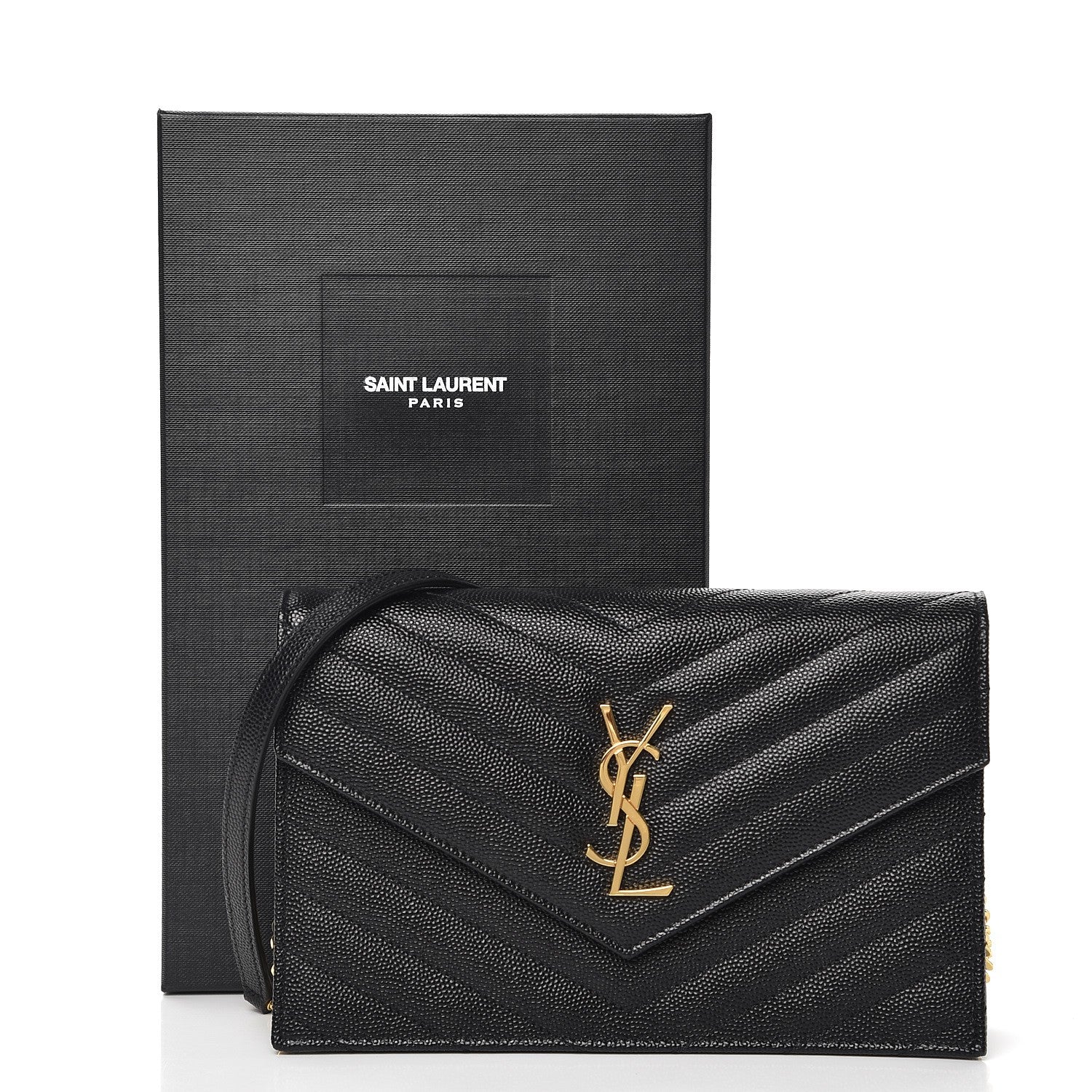 Saint Laurent Grain De Poudre Matelasse Chevron Monogram Envelope Chain Wallet Black 8 of 8