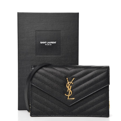 Saint Laurent Grain De Poudre Matelasse Chevron Monogram Envelope Chain Wallet Black 8 of 8