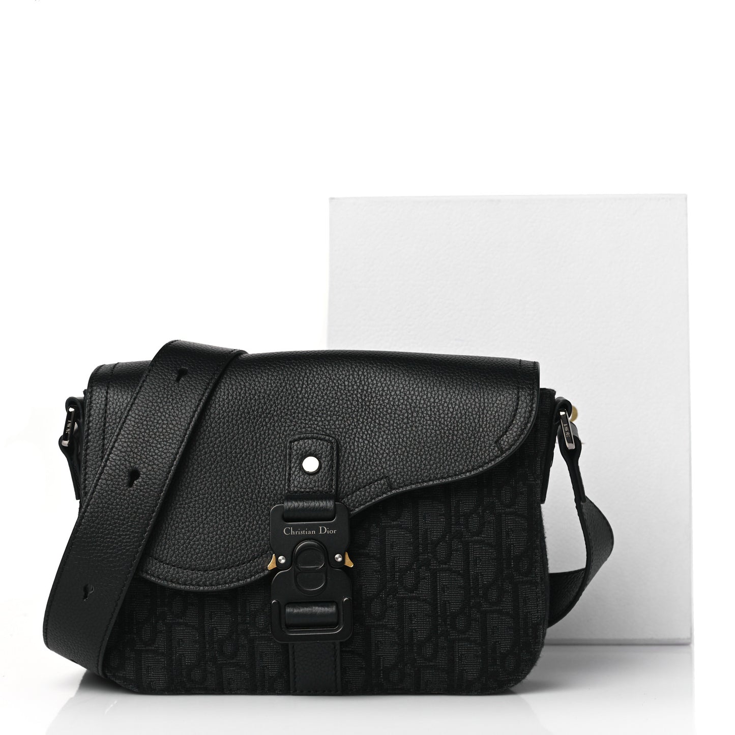 Oblique Jacquard Grained Calfskin Saddle Pouch With Strap Black