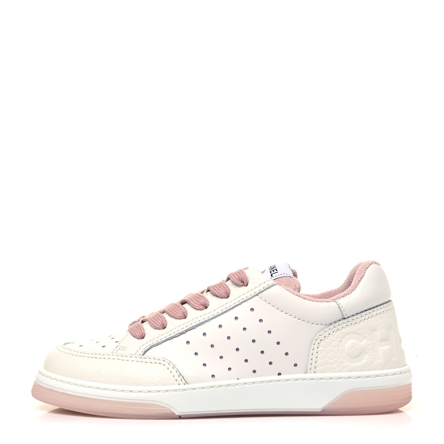 Chanel Grained Calfskin Fabric Womens Logo Sneakers 37.5 White Light Pink 1 of 7