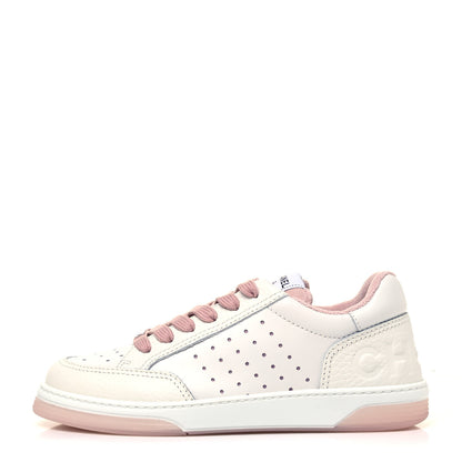 Chanel Grained Calfskin Fabric Womens Logo Sneakers 37.5 White Light Pink 1 of 7