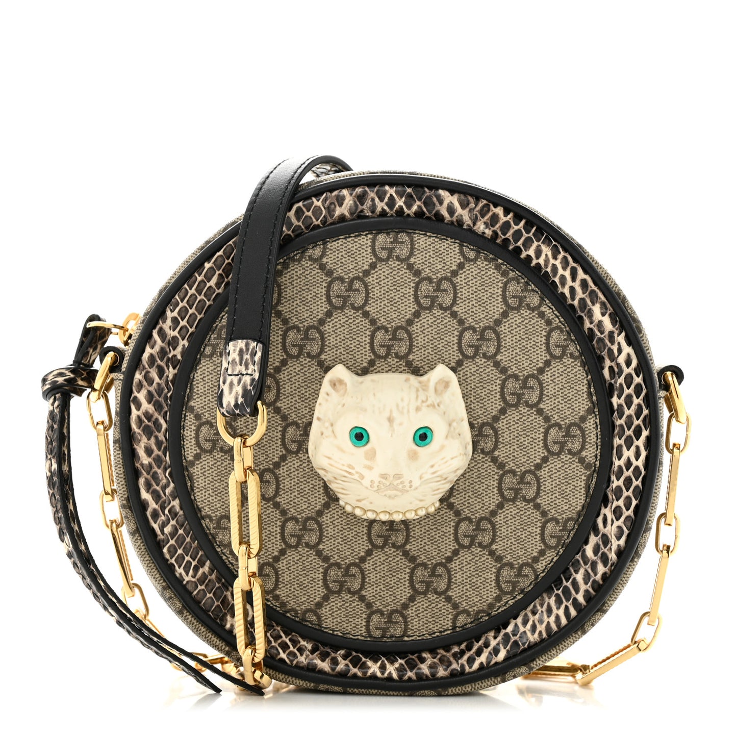 GG Supreme Monogram Patchwork Cat Round Shoulder Bag White Beige