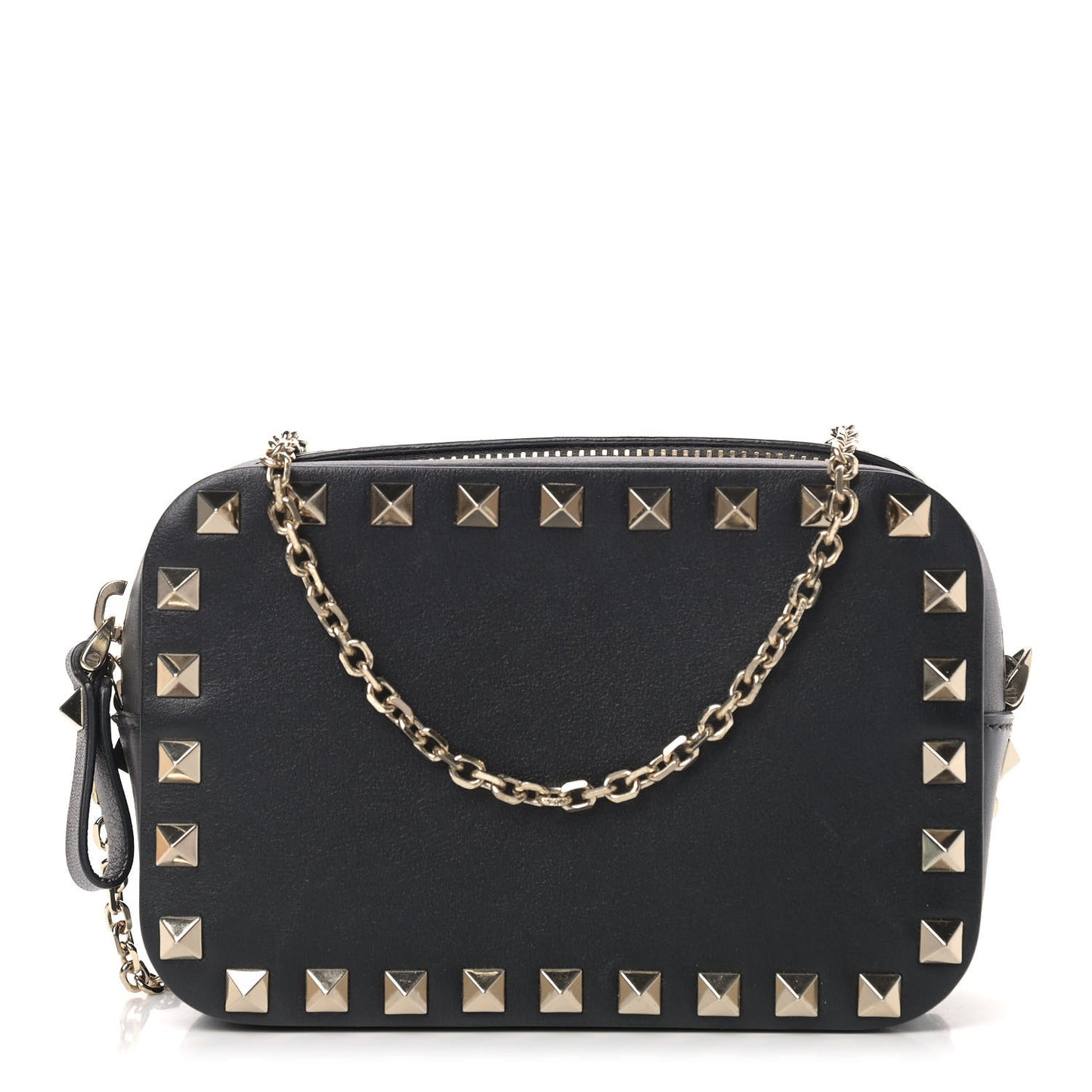 Calfskin Small Rockstud Chain Camera Crossbody Bag Black
