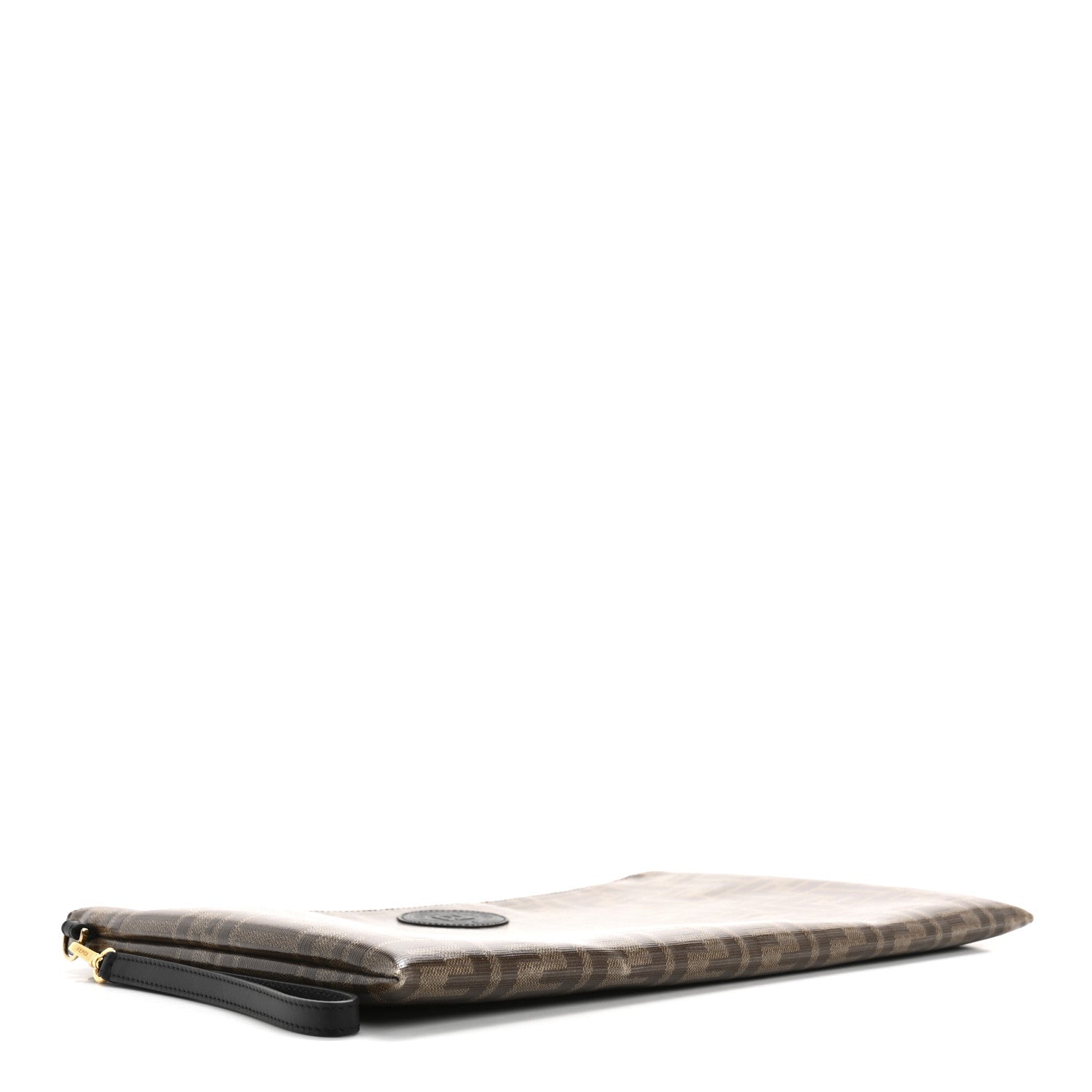 Fendi Glazed Fabric Vitello Century FF 1974 Stamp Patch Large Flat Pouch Mogano Panna Black 4 of 12