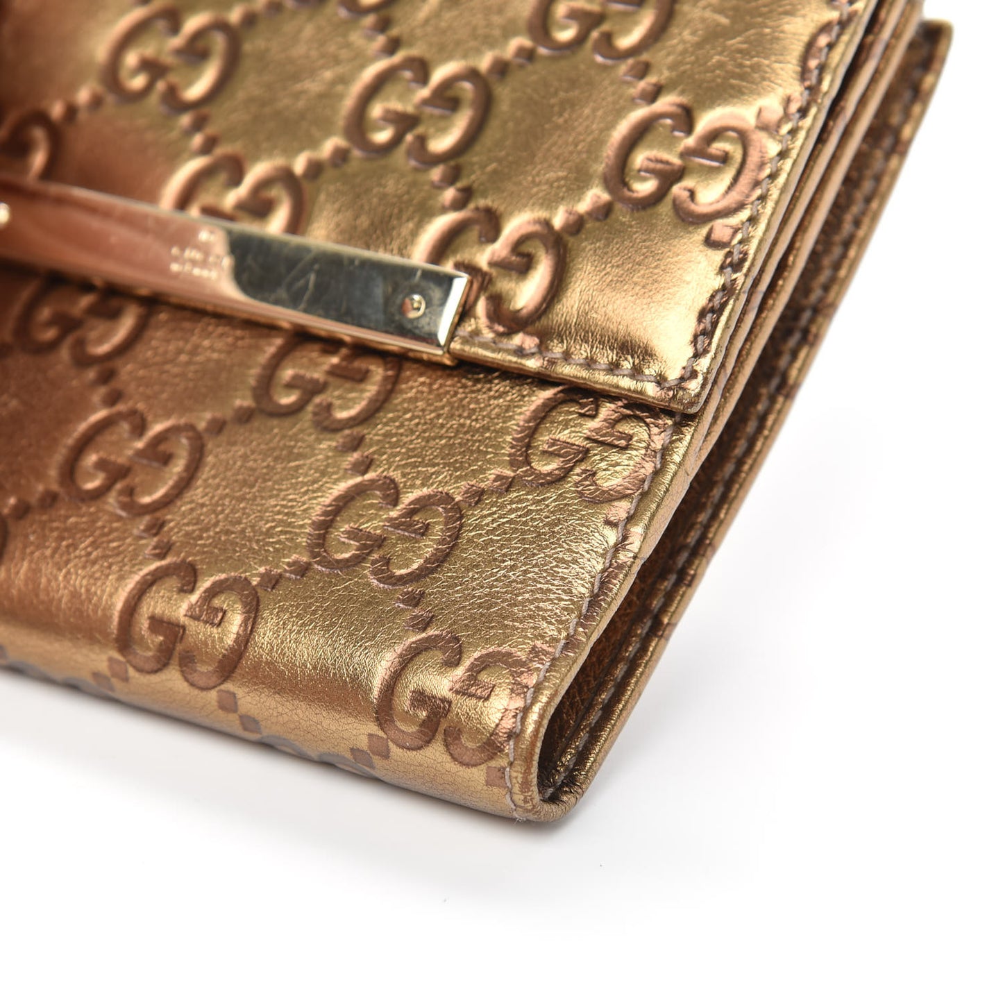 Metallic Guccissima Metal Bar French Flap Wallet Gold