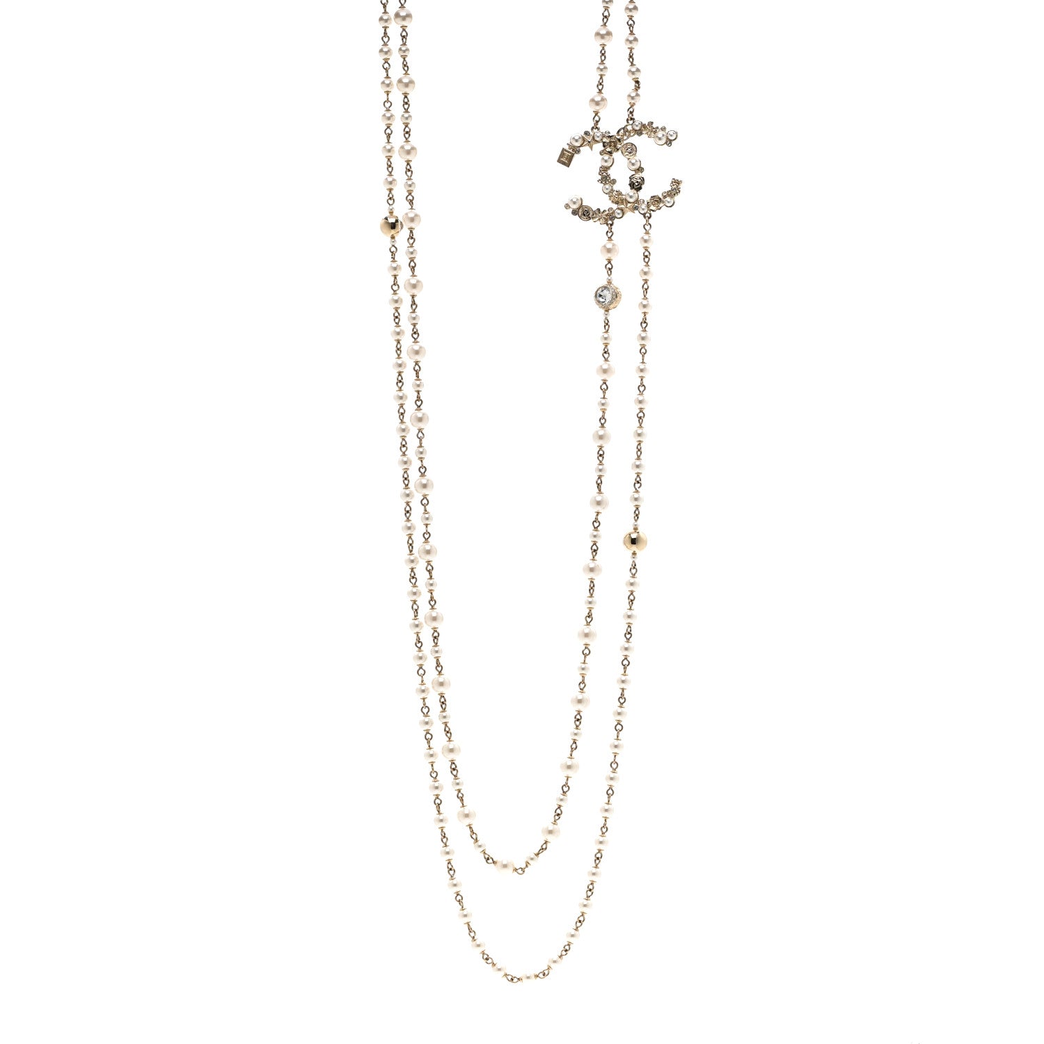 Chanel Crystal Pearl CC Charms Long Necklace Light Gold 1 of 6