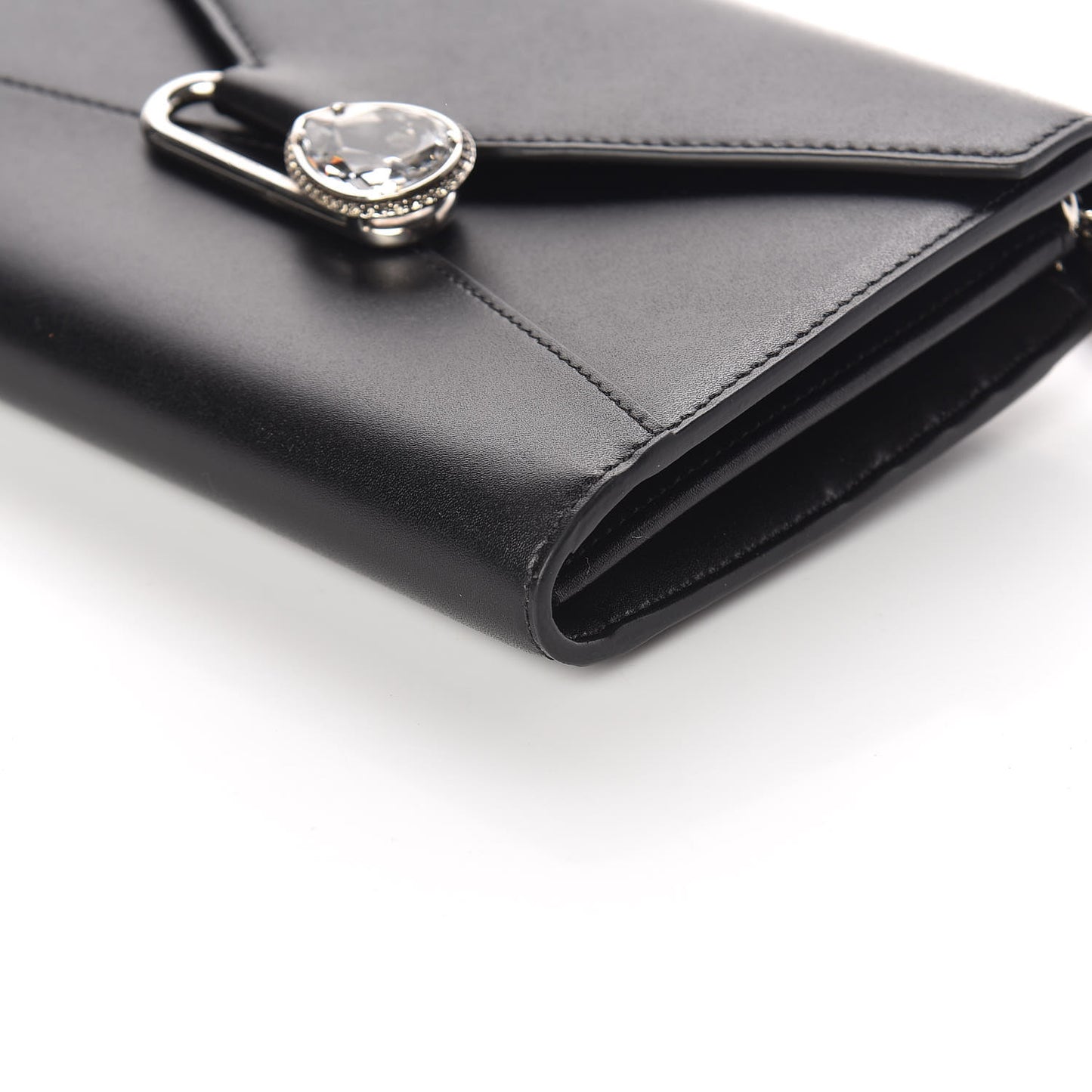 Calfskin Crystal Pin Envelope Wallet On Chain Black