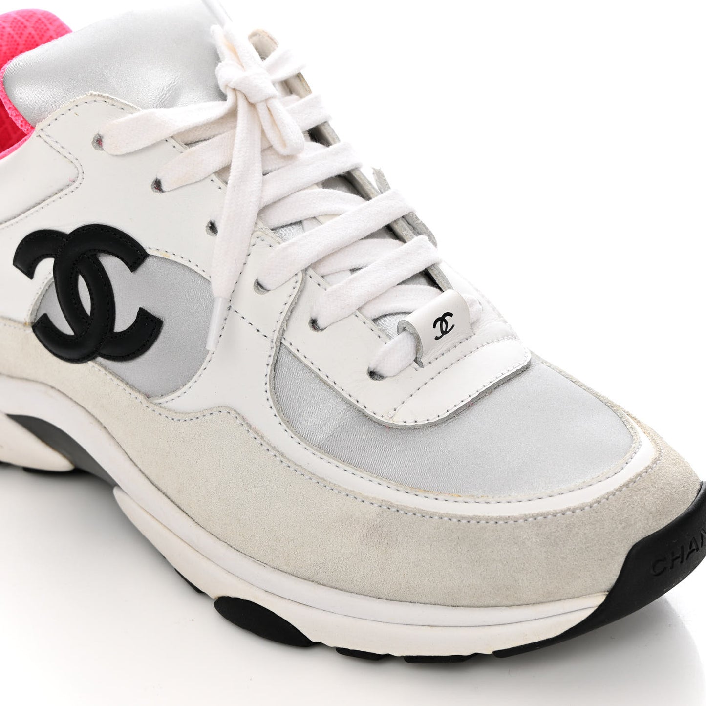 Calfskin Fabric Sneakers 39 White Silver Fluo Pink