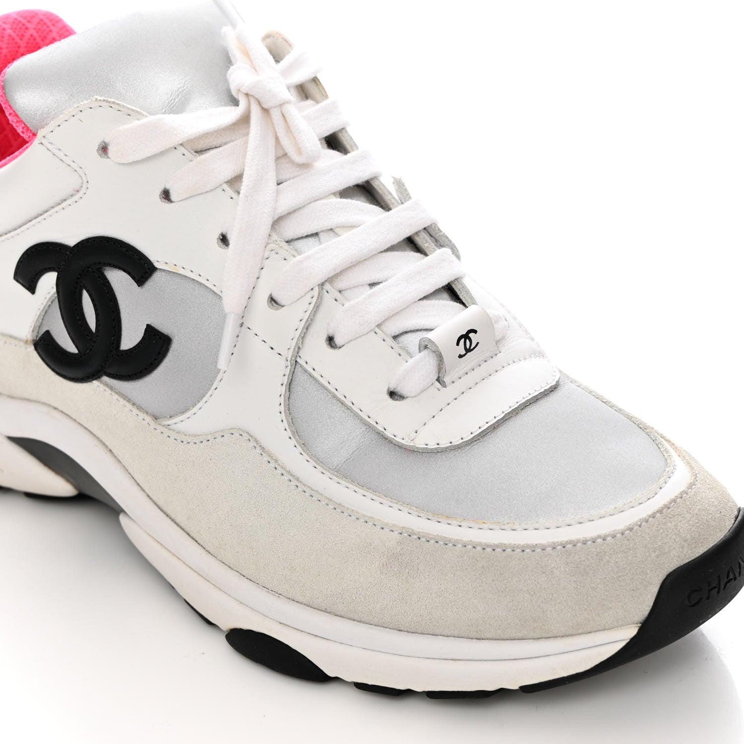 Chanel Calfskin Fabric Sneakers 39 White Silver Fluo Pink 9 of 13