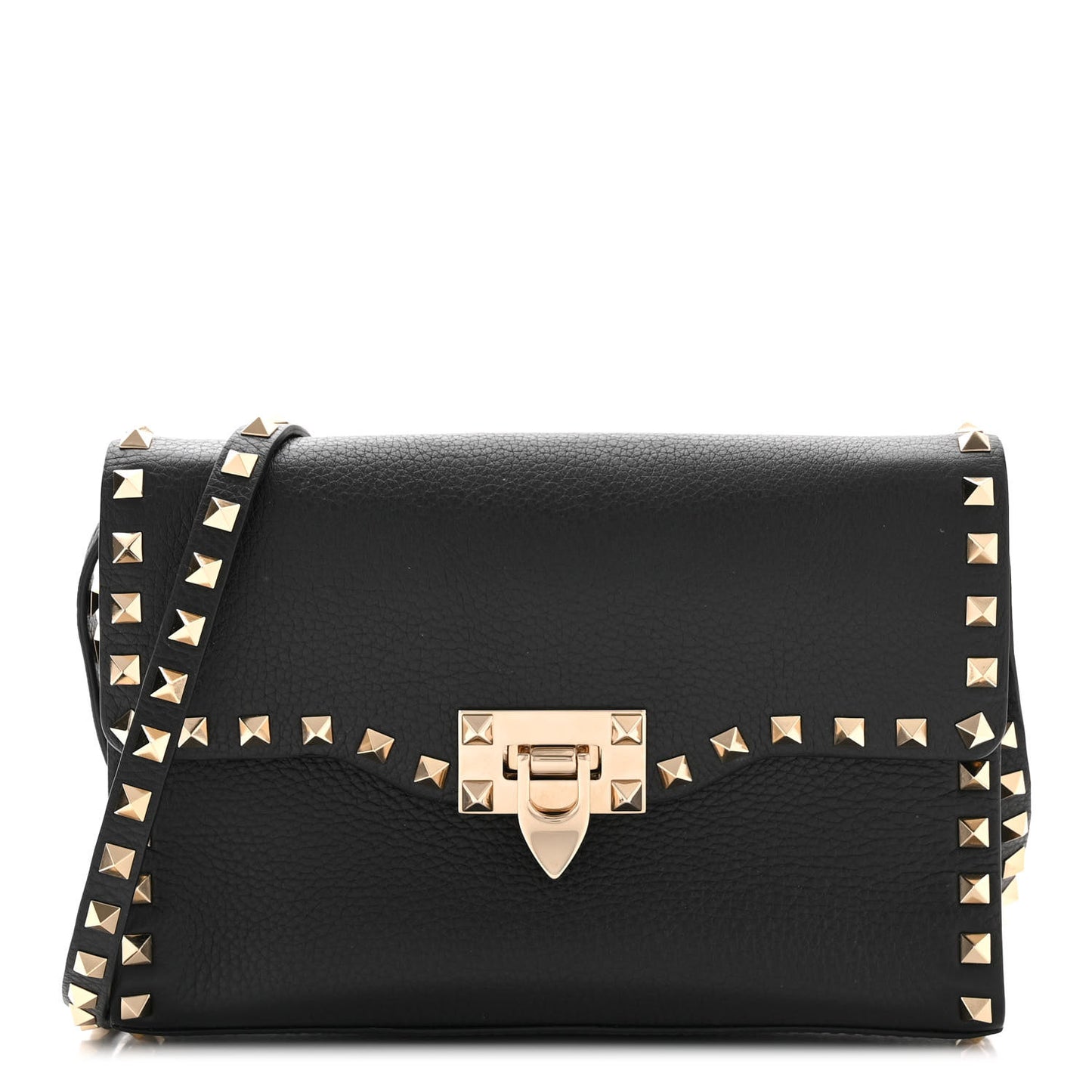 Pebbled Calfskin Medium Rockstud Flip Lock Crossbody Bag Black