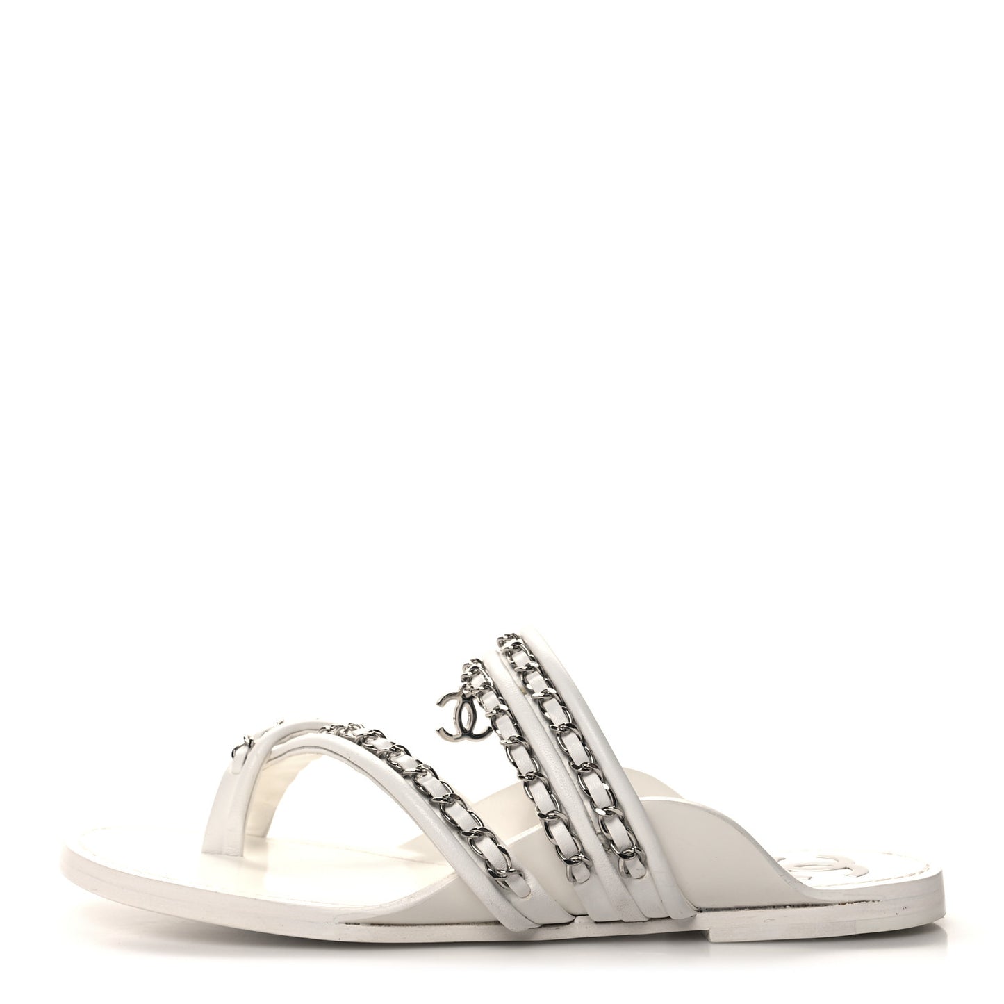 Calfskin Chain CC Thong Flat Sandals 41 White
