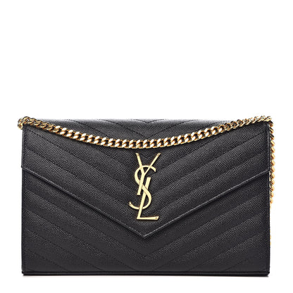 Saint Laurent Grain De Poudre Matelasse Chevron Monogram Chain Wallet Black 1 of 10