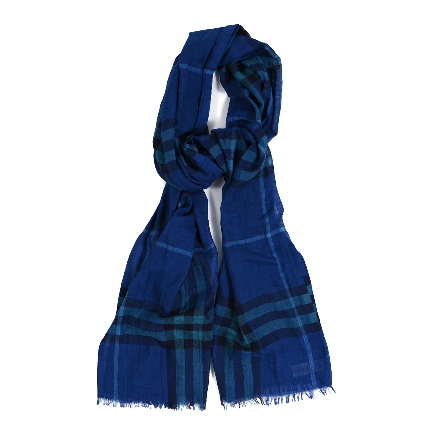 Wool Silk Check Fringe Scarf Blue