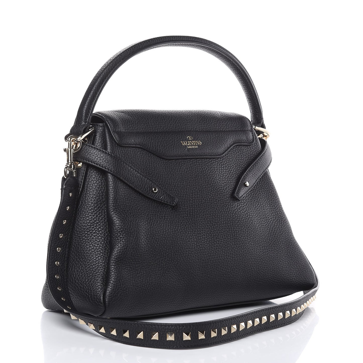 Grained Lagun Calfskin Rockstud Twiny Top Handle Bag Black
