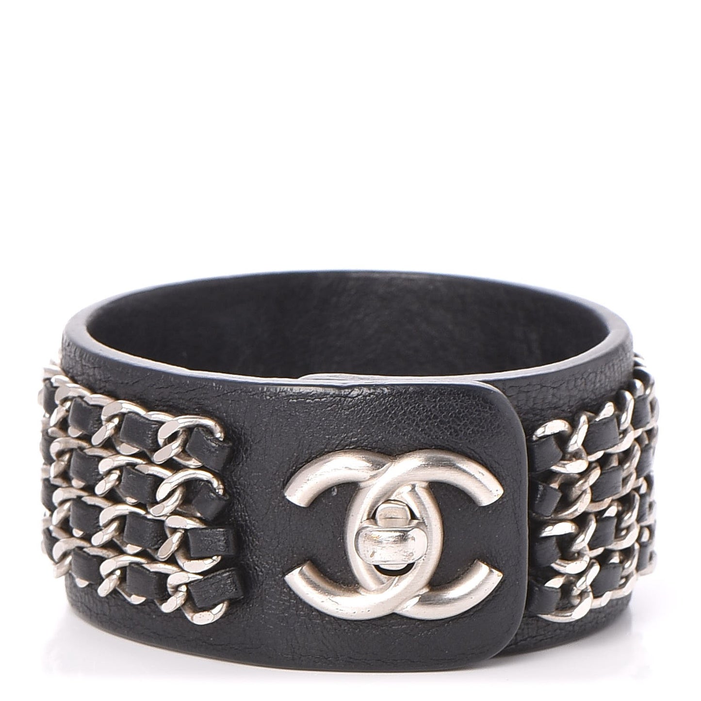Calfskin CC Chain Turnlock Bracelet L Black