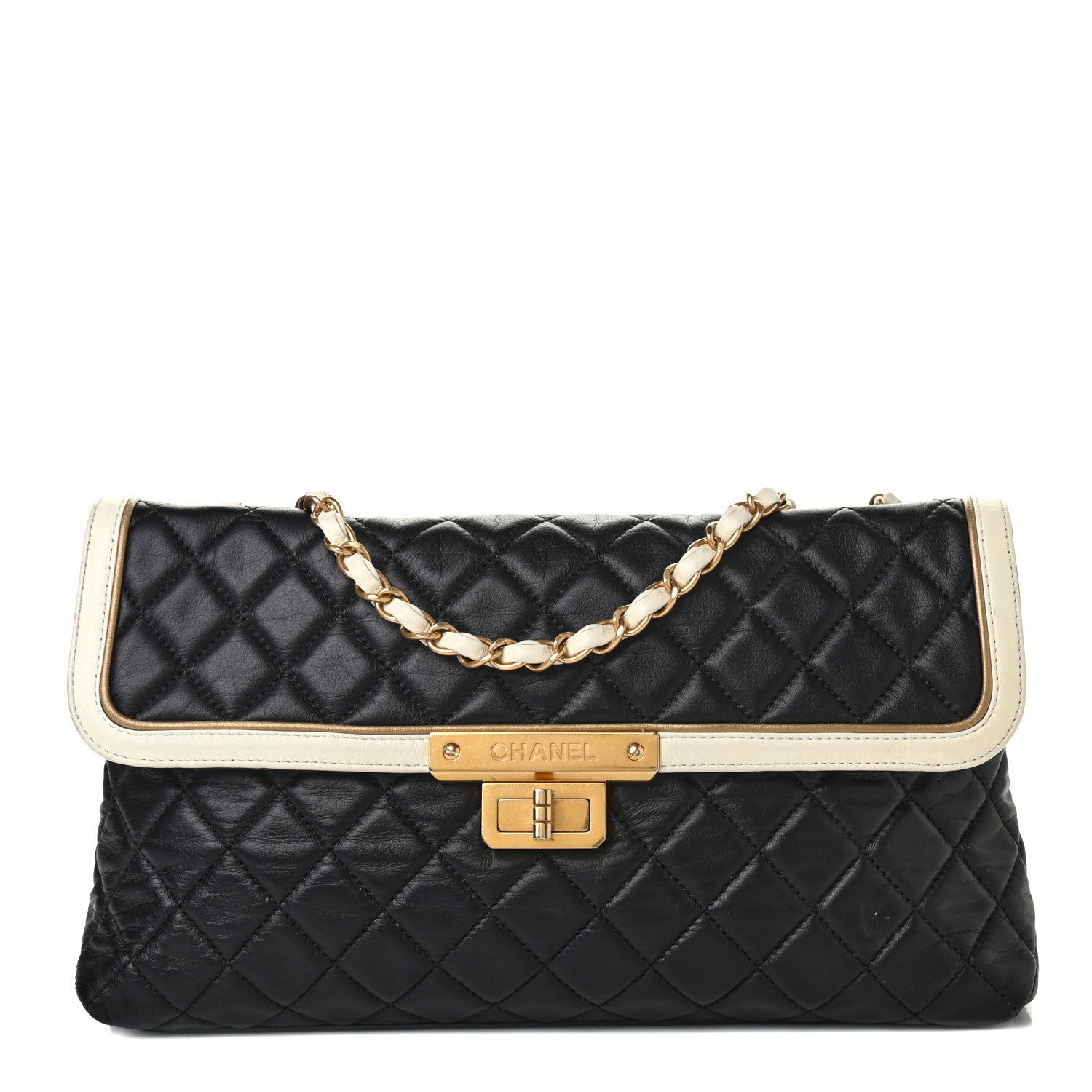 Chanel Lambskin Quilted Mademoiselle East West Flap Black White 1 of 4