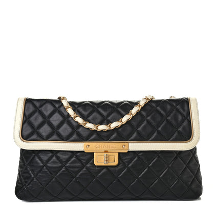 Chanel Lambskin Quilted Mademoiselle East West Flap Black White 1 of 4