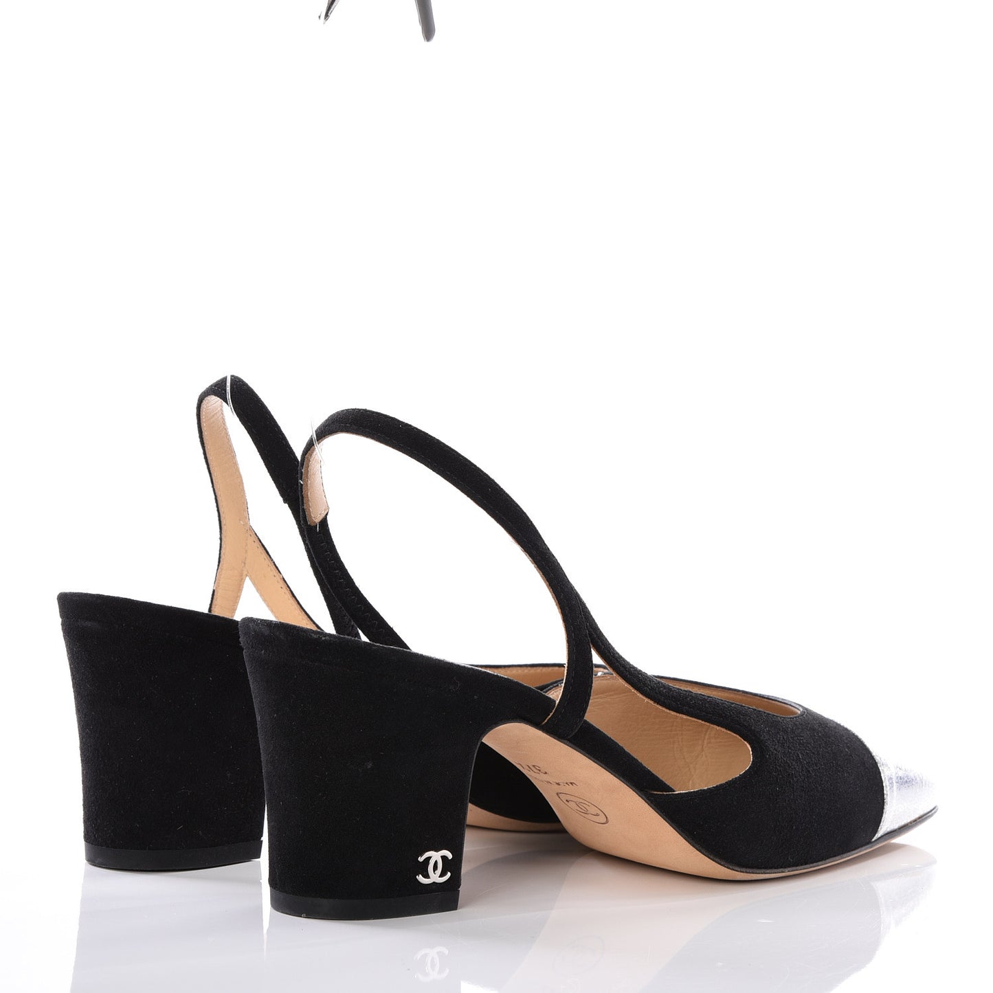 Kid Suede Metallic Lambskin Cap Toe CC Slingback Pumps 37.5 Black Silver