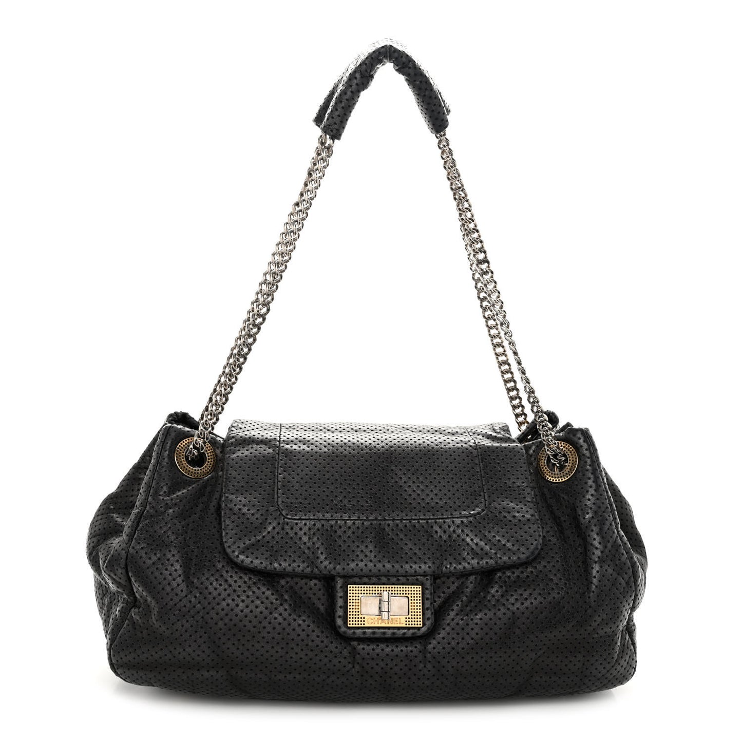 Calfskin Perforated Large Drill Accordion Flap Black