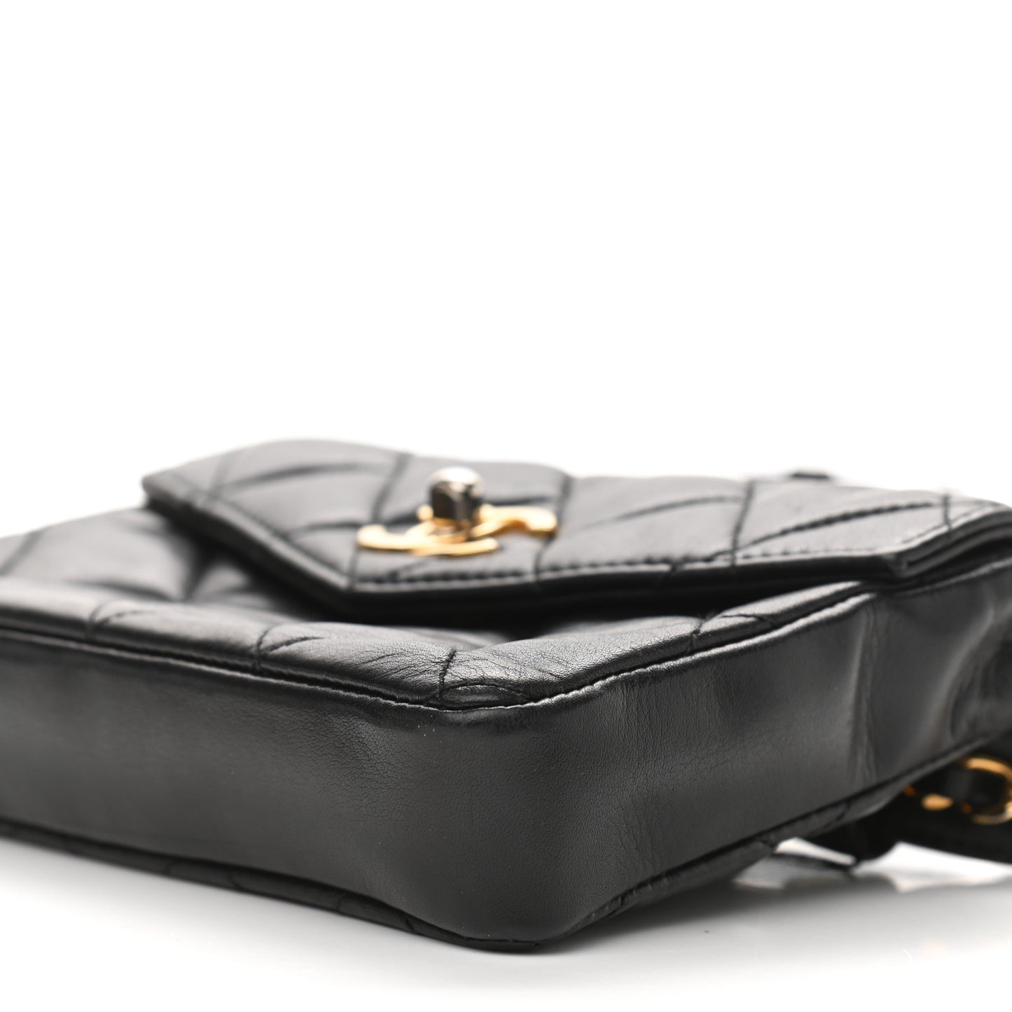 Lambskin Quilted Flap Waist Belt Bag Black