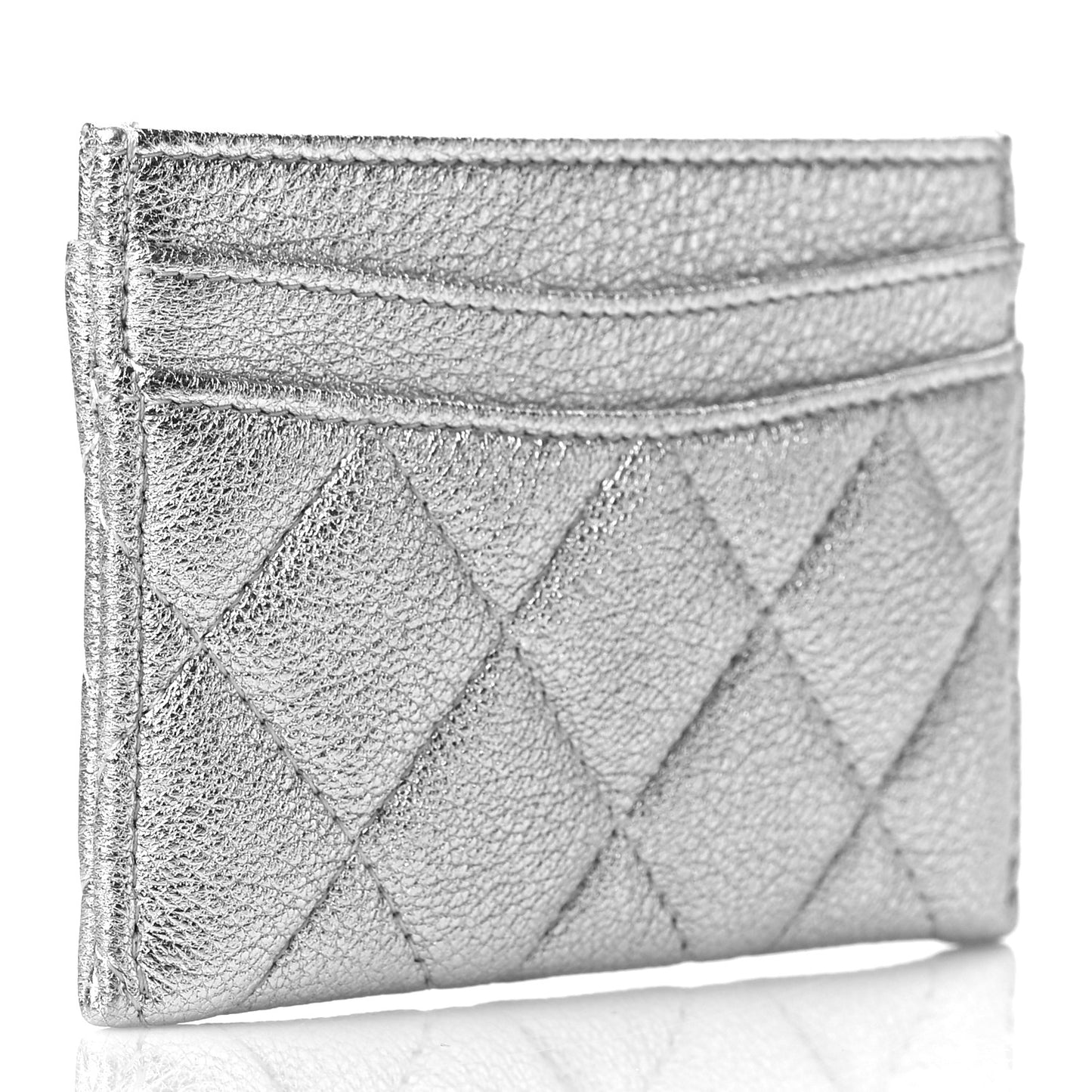 Metallic Goatskin Quilted CC Card Holder Silver