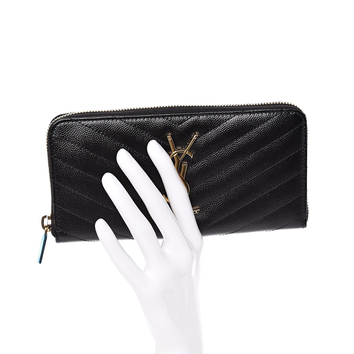 Saint Laurent Grain De Poudre Matelasse Chevron Monogram Zip Around Wallet Black 2 of 7