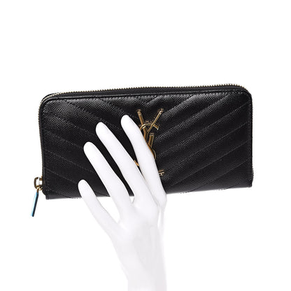 Saint Laurent Grain De Poudre Matelasse Chevron Monogram Zip Around Wallet Black 2 of 7