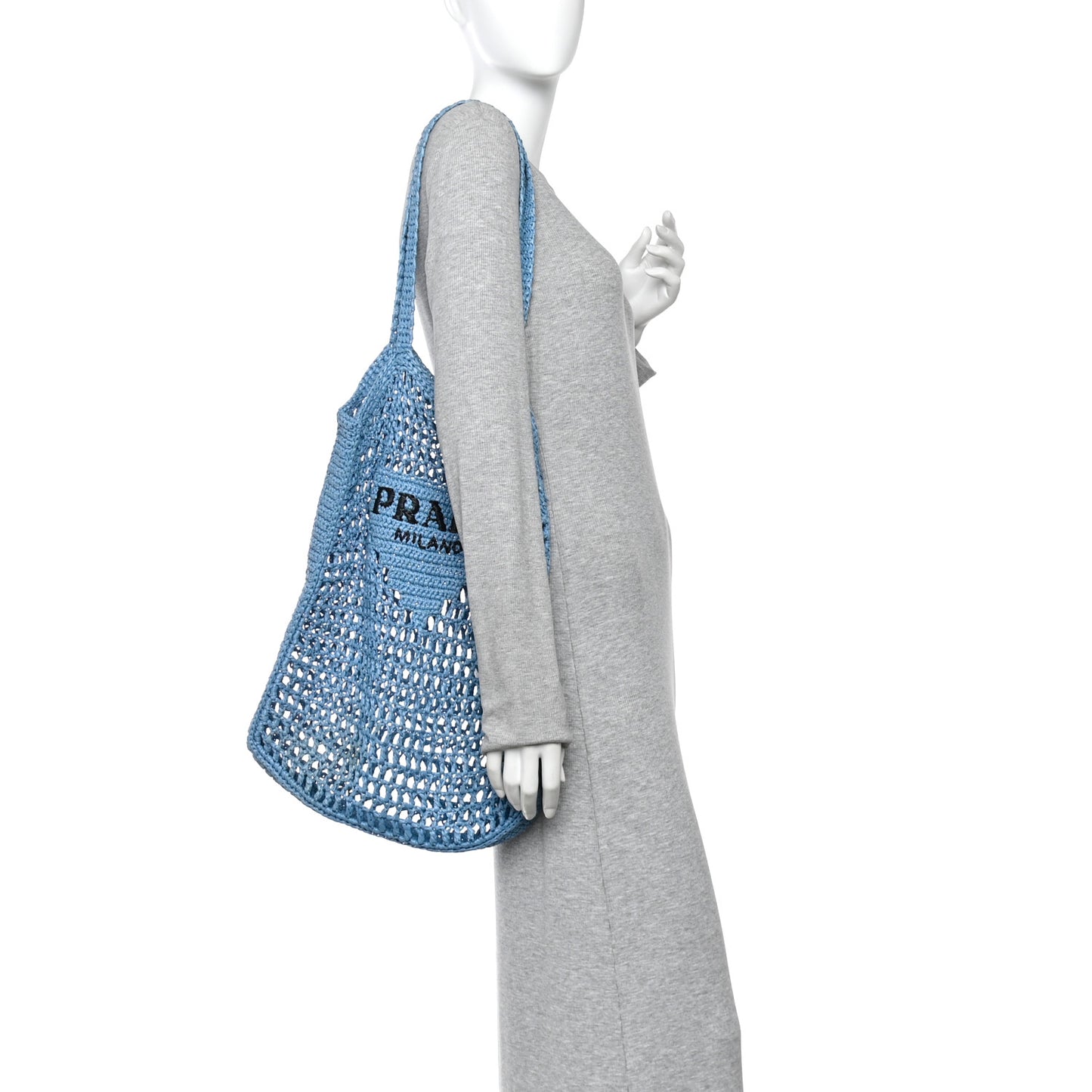 Yarn Raffia Effect Crochet Logo Embroidered Tote Bag Celeste