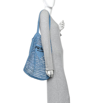 Prada Yarn Raffia Effect Crochet Logo Embroidered Tote Bag Celeste 2 of 10