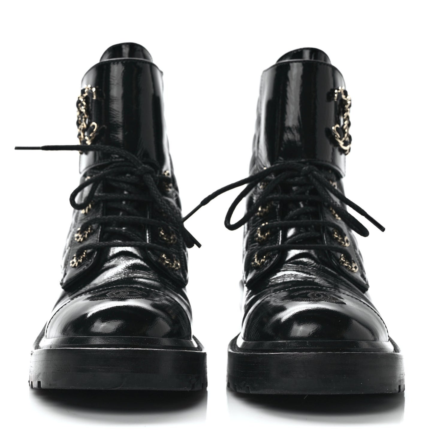 Shiny Calfskin Quilted Lace Up Combat Boots 38 Black