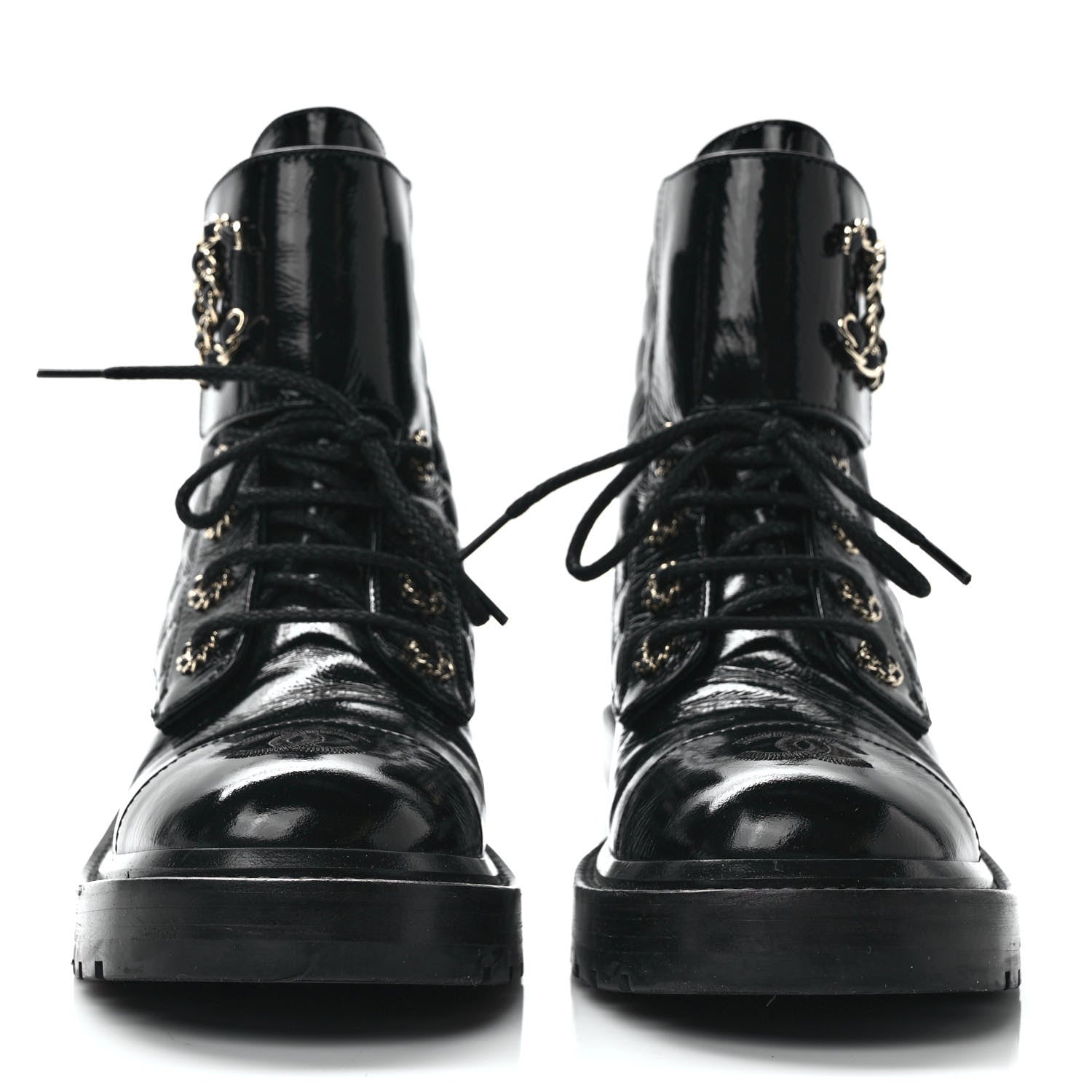 Chanel Shiny Calfskin Quilted Lace Up Combat Boots 38 Black 2 of 9