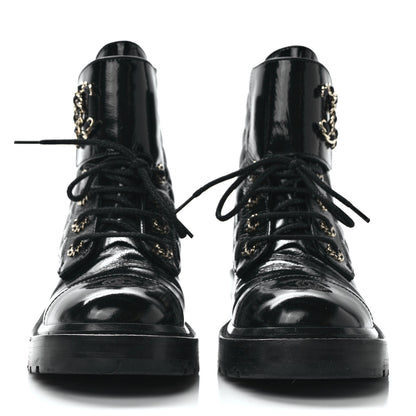 Chanel Shiny Calfskin Quilted Lace Up Combat Boots 38 Black 2 of 9