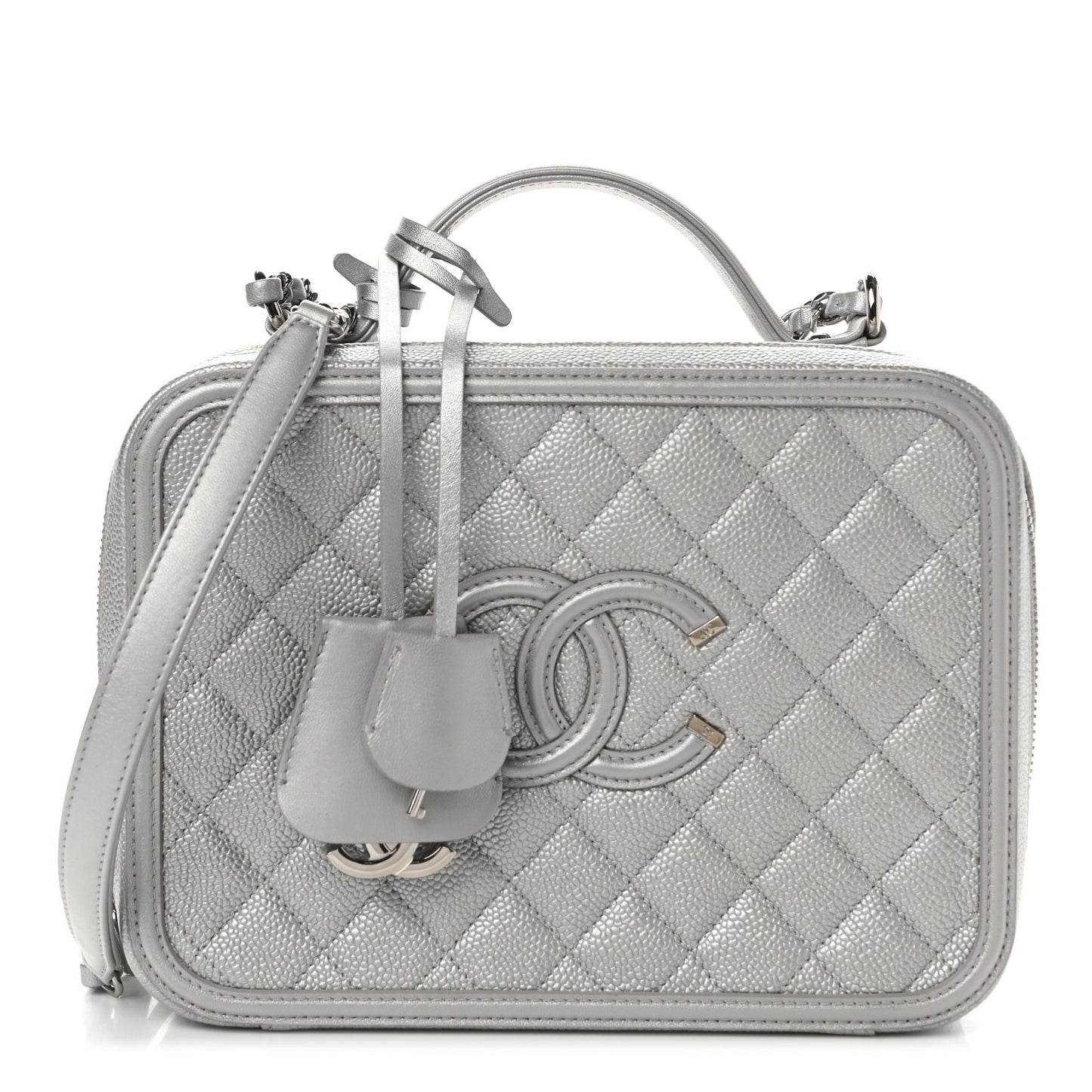 Metallic Caviar Quilted Large CC Filigree Vanity Case Silver