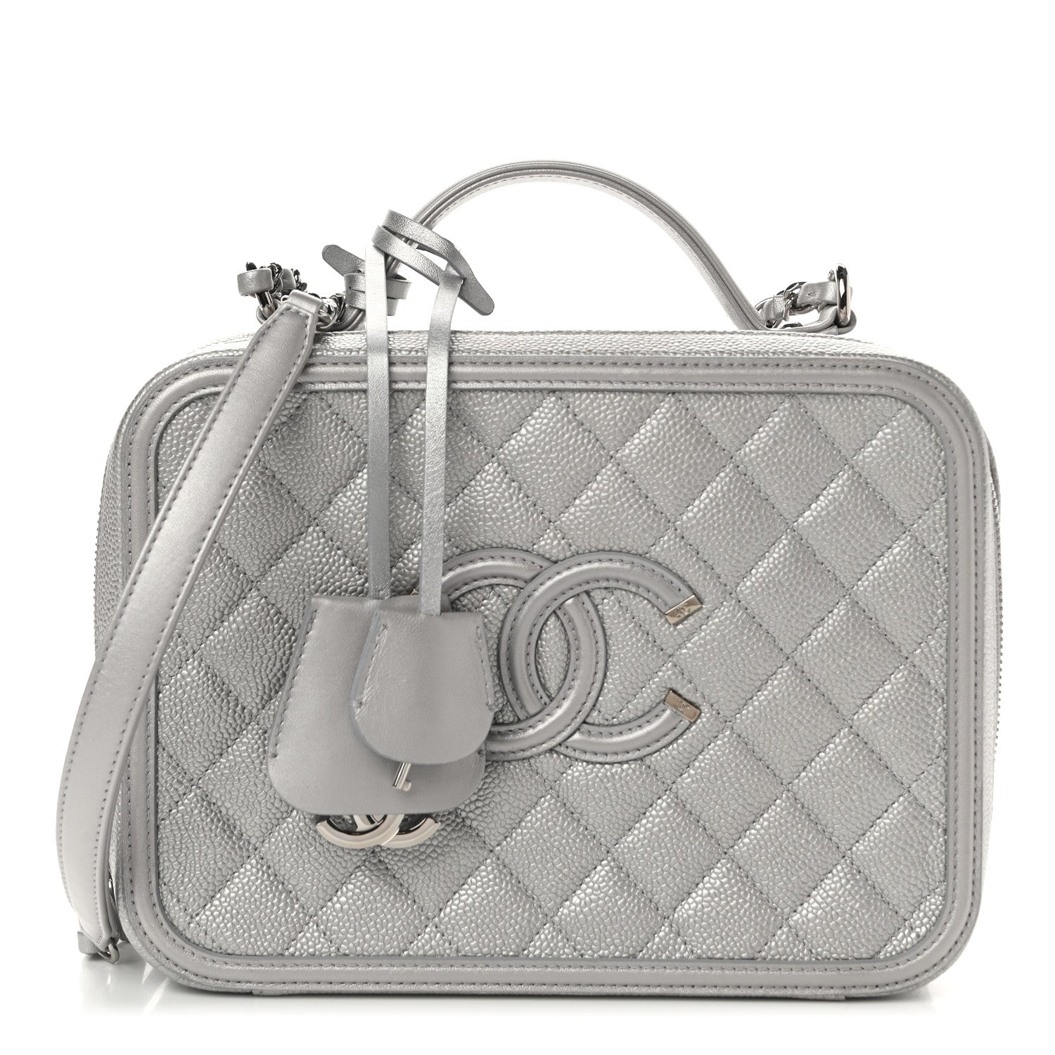Chanel Metallic Caviar Quilted Large CC Filigree Vanity Case Silver 1 of 11