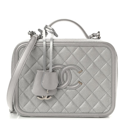 Chanel Metallic Caviar Quilted Large CC Filigree Vanity Case Silver 1 of 11