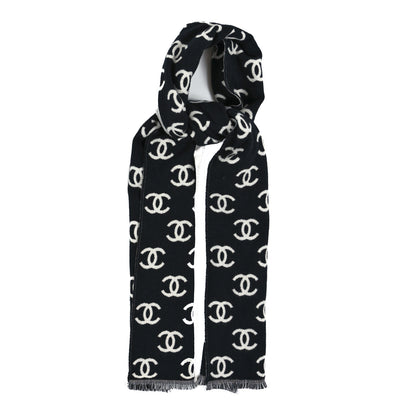 Chanel Wool Cashmere CC Scarf Black White 1 of 3