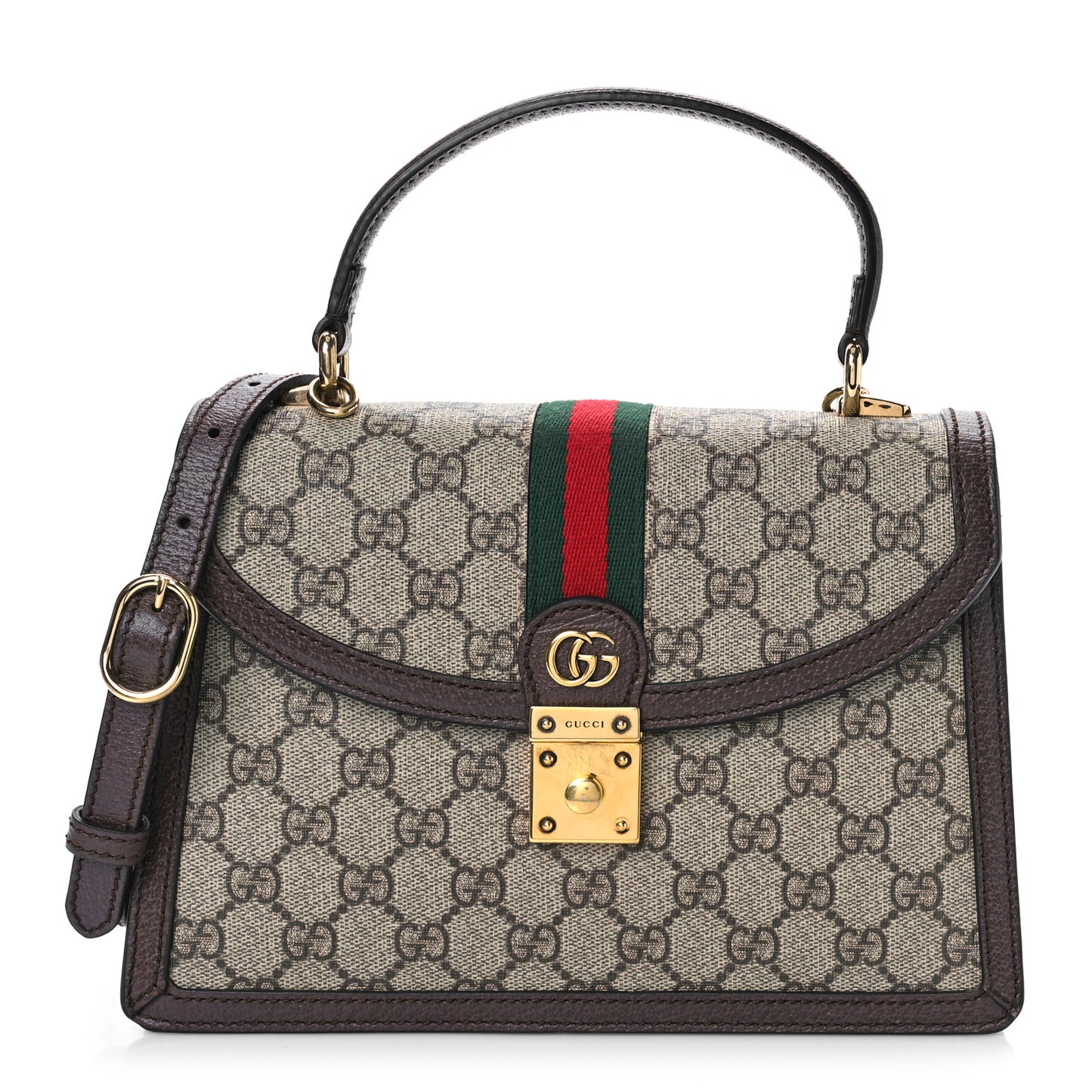 GG Supreme Monogram Textured Dollar Calfskin Web Small Ophidia Padlock Top Handle Bag Beige Ebony New Acero