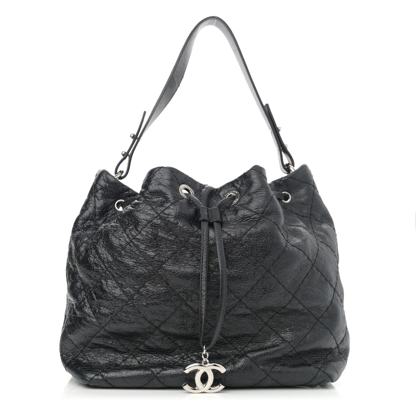 Glazed Calfskin On The Road Drawstring Tote Black