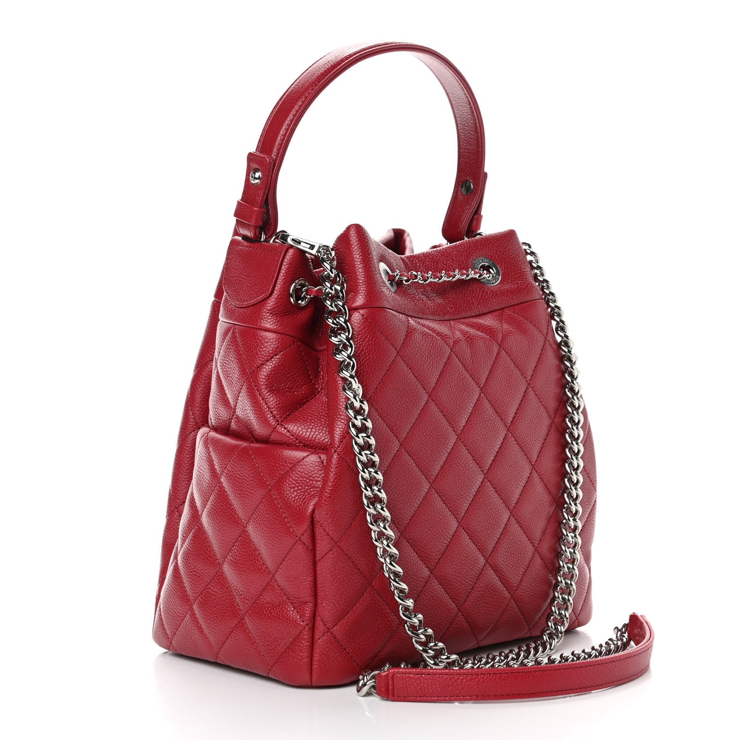 Chanel Caviar Flat Quilted CC Chain Bucket Drawstring Bag Dark Pink 3 of 10