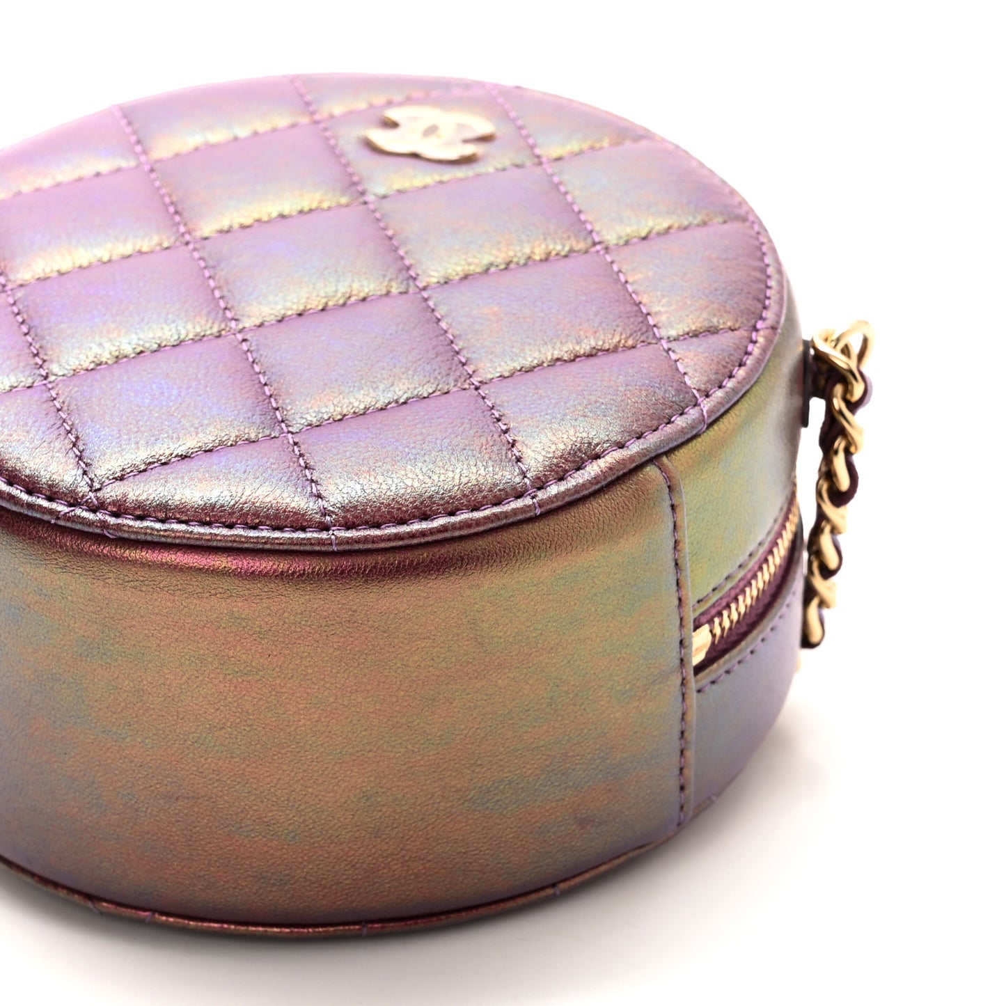 Iridescent Lambskin Quilted Round Clutch With Chain Purple